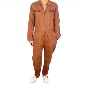 Sandrine Rose cotton linen jumpsuit zipper burnt brown coverall tan new X-Small